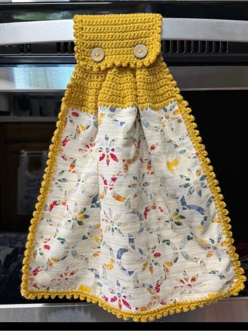 Handmade Crochet Hanging Kitchen Towel Mustard Gold Floral